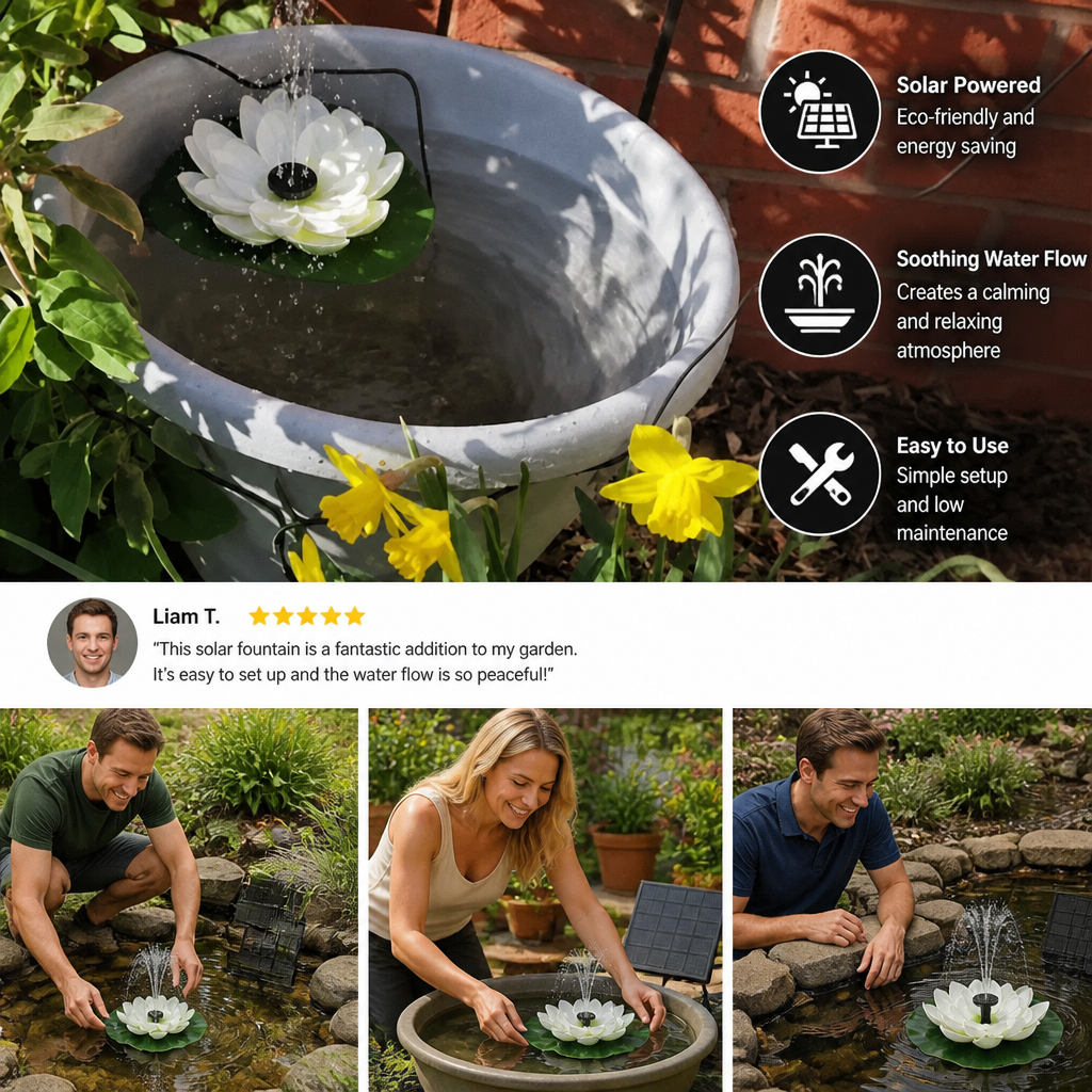 Solar-Powered Lotus Fountain – Floating Garden Fountain for Pool & Pond