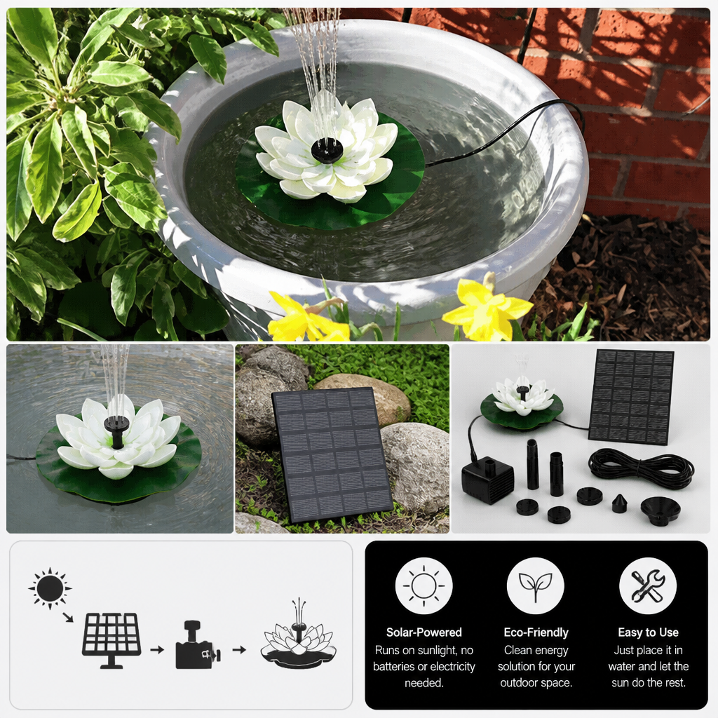 Solar-Powered Lotus Fountain – Floating Garden Fountain for Pool & Pond