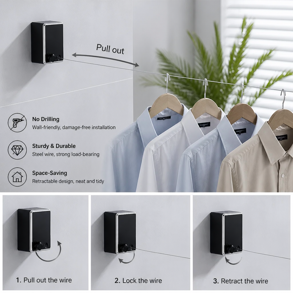 Invisible Clothesline – Extendable Steel Wire Drying Rack, No Drilling Required for Flexible Drying