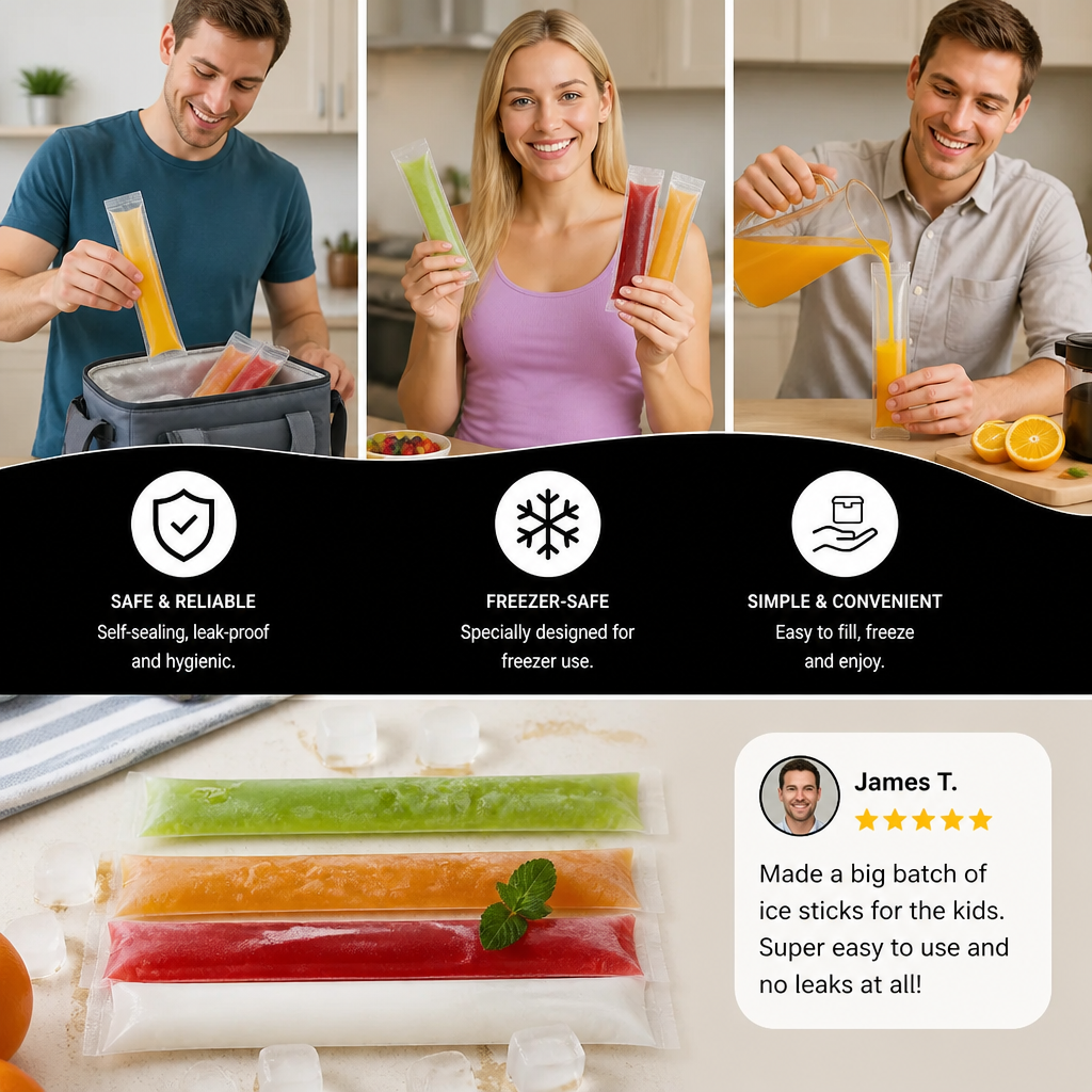 Practical DIY Ice Pop Bags (100 Pieces) – Self-Sealing Disposable Molds for Homemade Ice Sticks