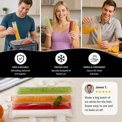Practical DIY Ice Pop Bags (100 Pieces) – Self-Sealing Disposable Molds for Homemade Ice Sticks