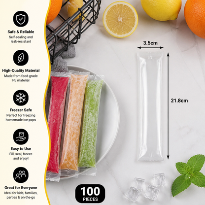 Practical DIY Ice Pop Bags (100 Pieces) – Self-Sealing Disposable Molds for Homemade Ice Sticks