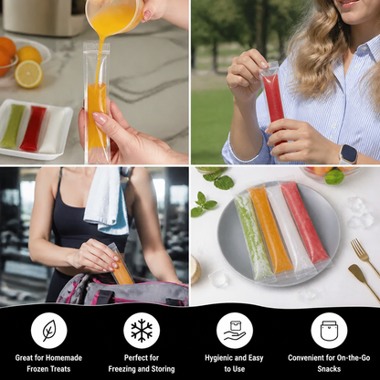 Practical DIY Ice Pop Bags (100 Pieces) – Self-Sealing Disposable Molds for Homemade Ice Sticks