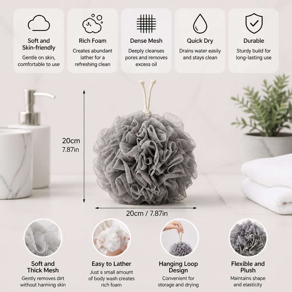 Practical bath sponge with drawstring – for extra foam and gentle skin cleansing