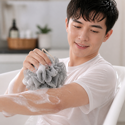 Practical bath sponge with drawstring – for extra foam and gentle skin cleansing