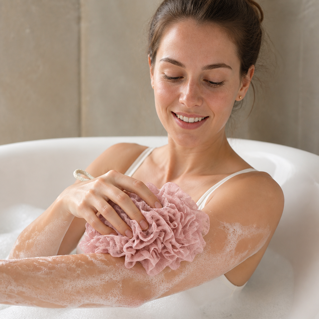 Practical bath sponge with drawstring – for extra foam and gentle skin cleansing