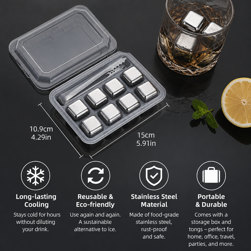 Practical Stainless Steel Ice Cubes – Reusable Cooling Set for Cold Drinks