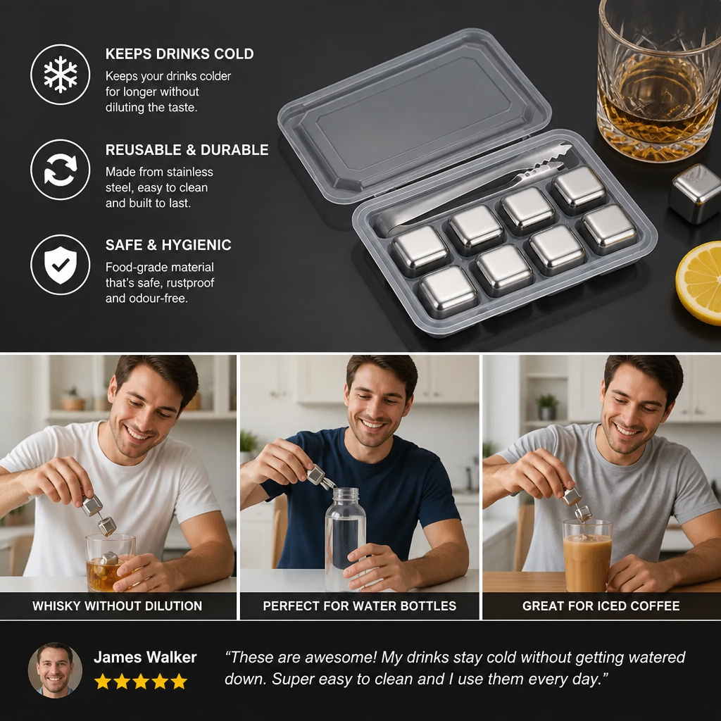 Practical Stainless Steel Ice Cubes – Reusable Cooling Set for Cold Drinks