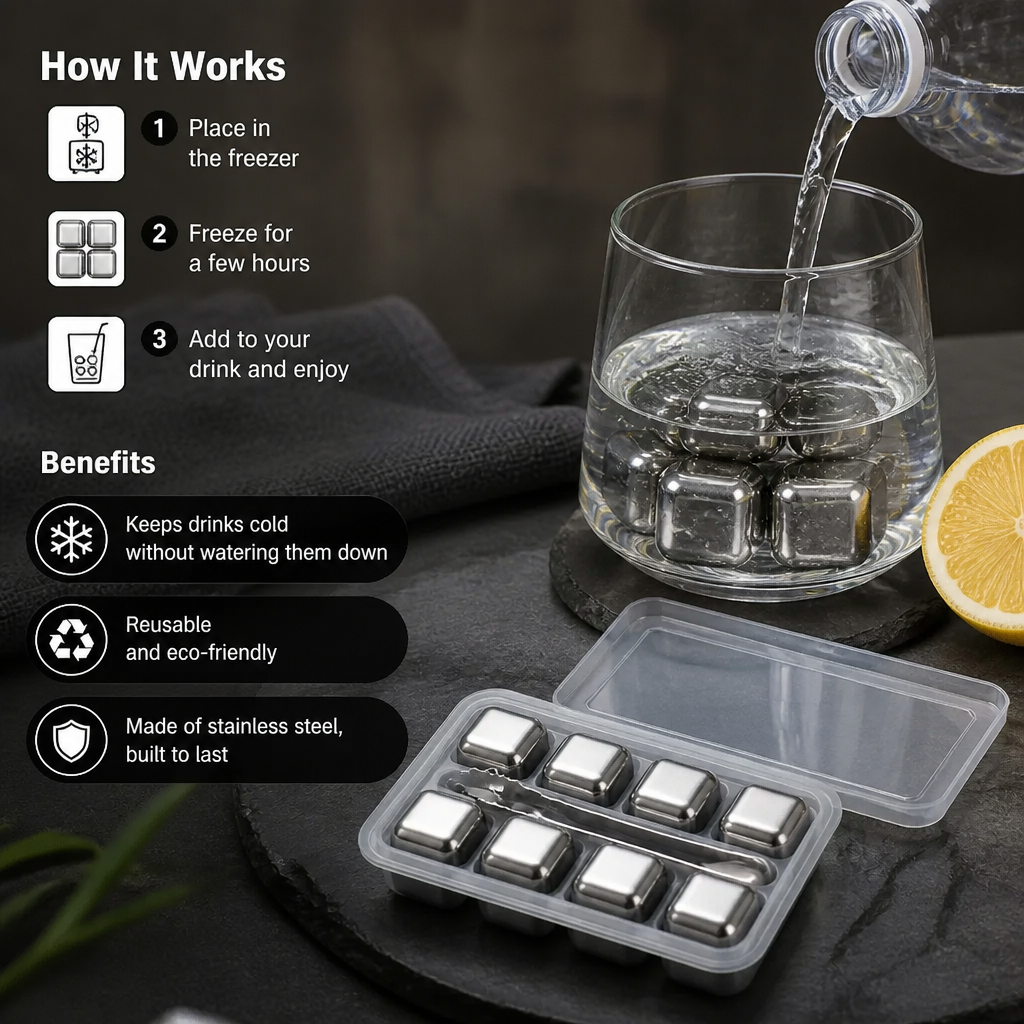 Practical Stainless Steel Ice Cubes – Reusable Cooling Set for Cold Drinks