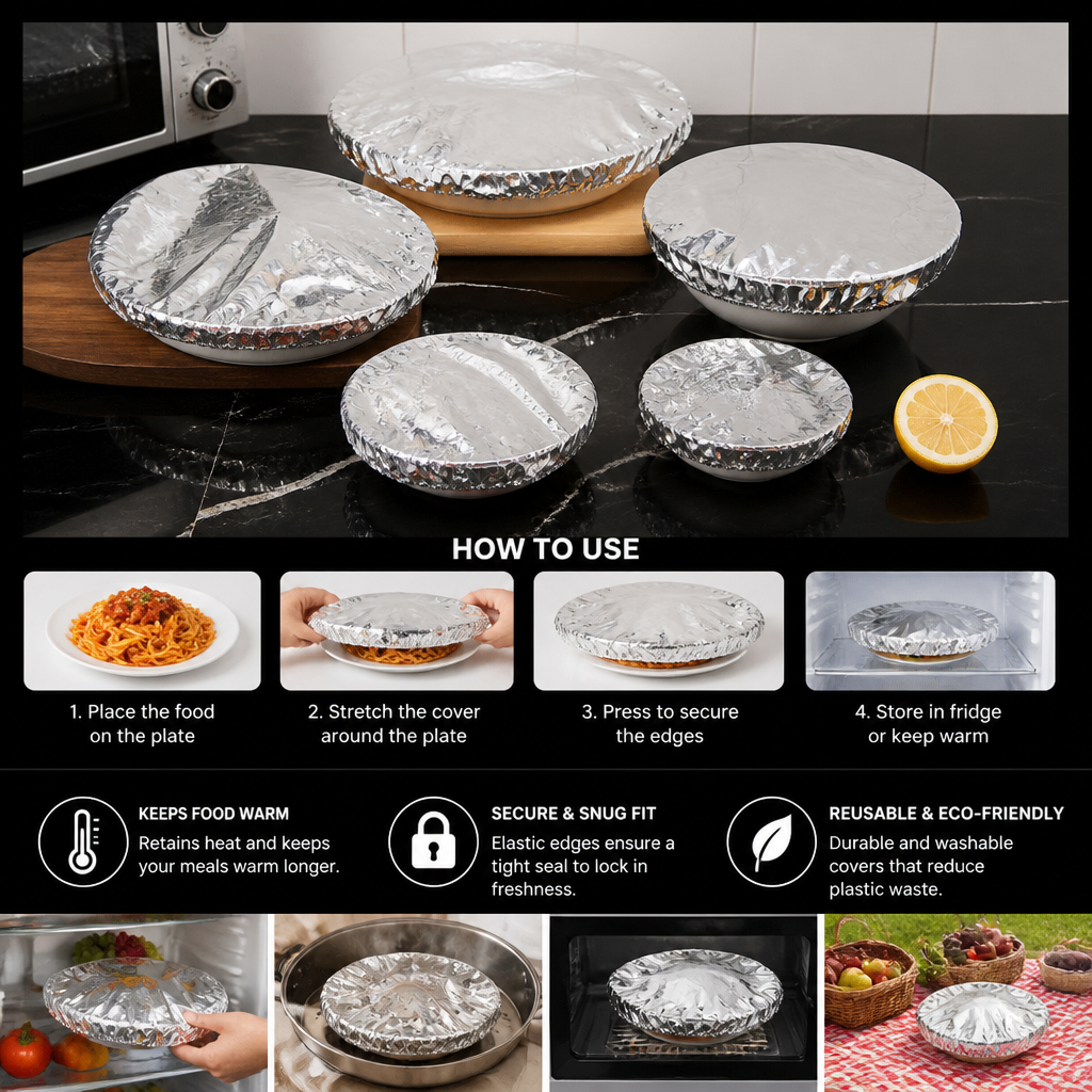 Elastic Aluminum Foil Food Covers – Heat-Insulating Bowl & Plate Covers