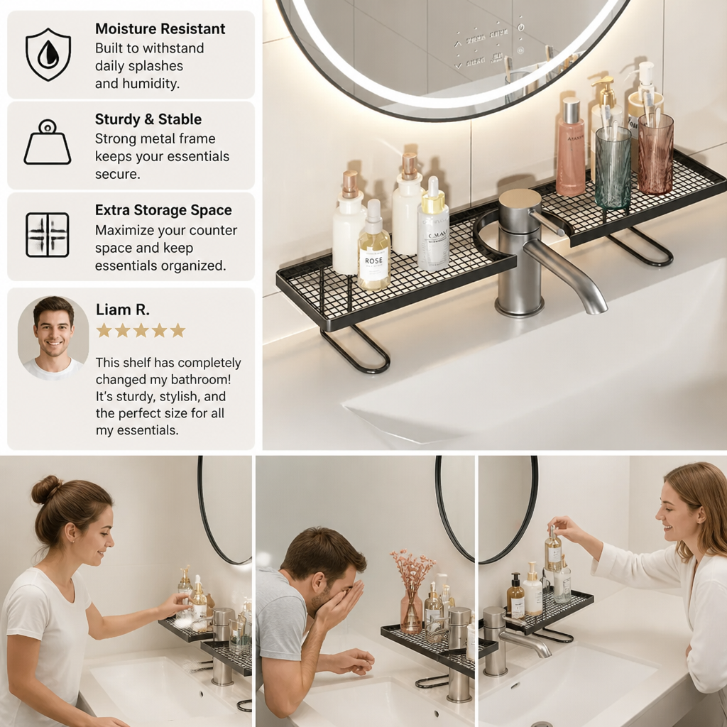 No-Drill Moisture-Resistant Bathroom Countertop Organizer Shelf