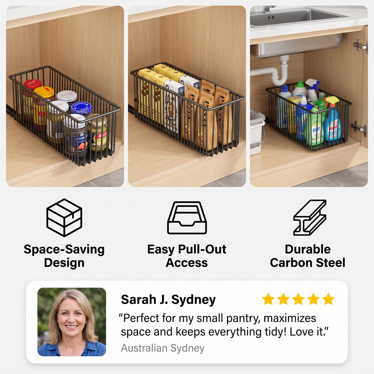 Space-Saving Pull-Out Carbon Steel Storage Basket & Cabinet Organizer