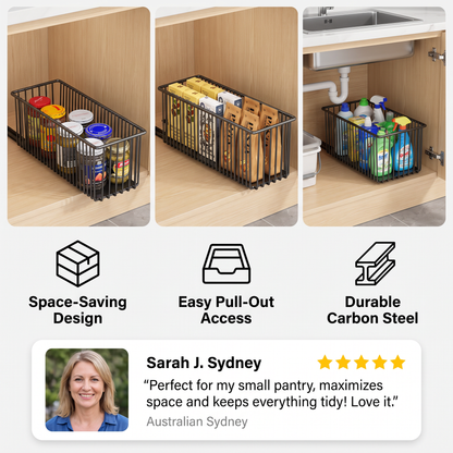 Space-Saving Pull-Out Carbon Steel Storage Basket & Cabinet Organizer
