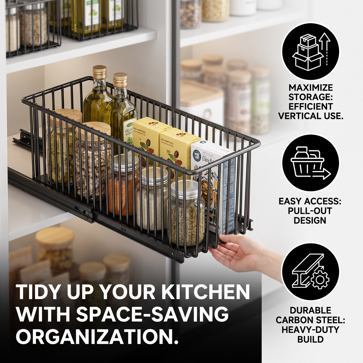 Space-Saving Pull-Out Carbon Steel Storage Basket & Cabinet Organizer
