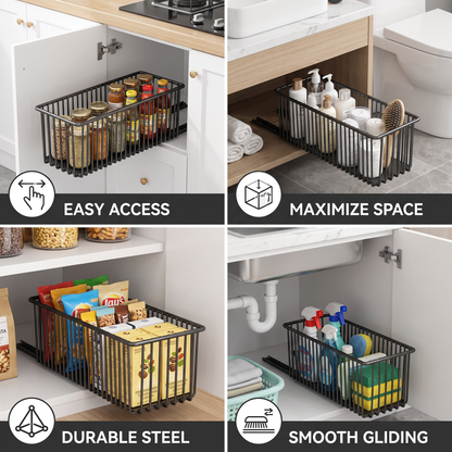 Space-Saving Pull-Out Carbon Steel Storage Basket & Cabinet Organizer
