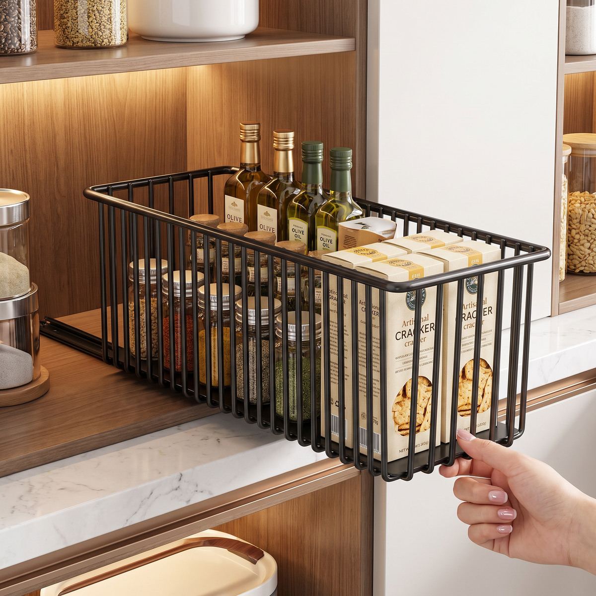 Space-Saving Pull-Out Carbon Steel Storage Basket & Cabinet Organizer
