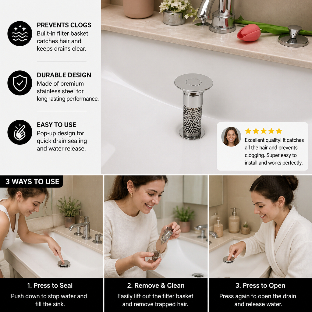 Universal Pop-Up Bathroom Sink Drain Stopper with Hair Catcher & Stainless Steel Filter Basket