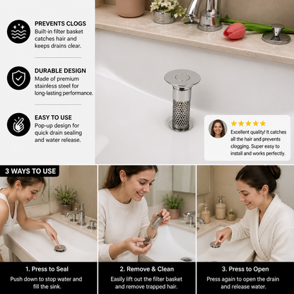 Universal Pop-Up Bathroom Sink Drain Stopper with Hair Catcher & Stainless Steel Filter Basket