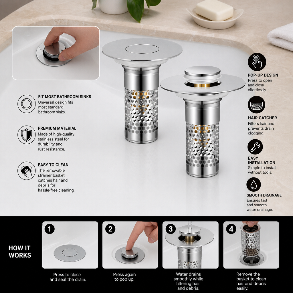 Universal Pop-Up Bathroom Sink Drain Stopper with Hair Catcher & Stainless Steel Filter Basket