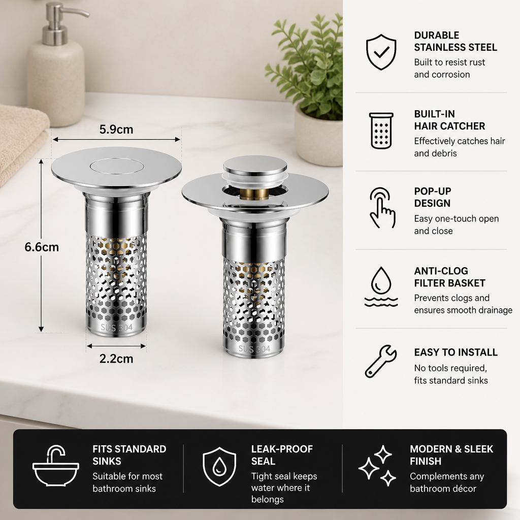 Universal Pop-Up Bathroom Sink Drain Stopper with Hair Catcher & Stainless Steel Filter Basket