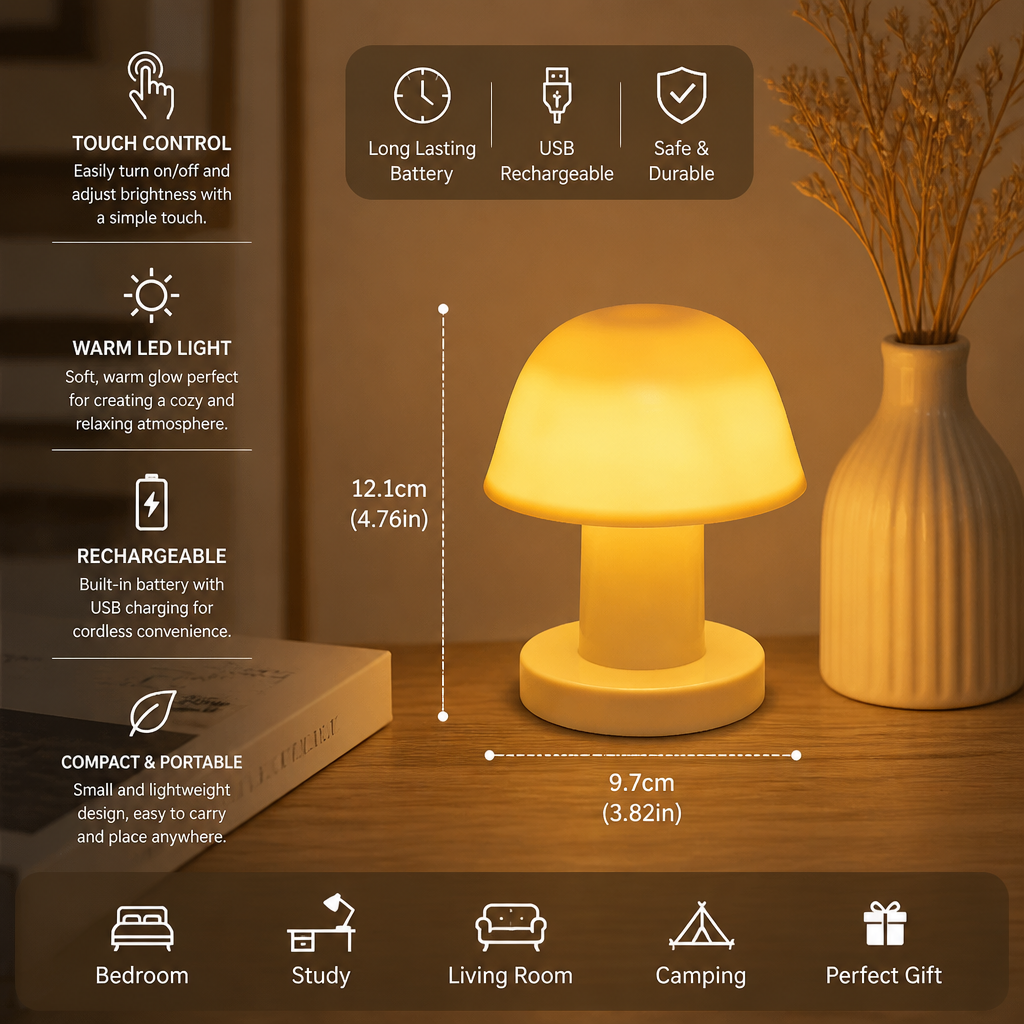 Mini Rechargeable LED Mushroom Table Lamp with Touch Control