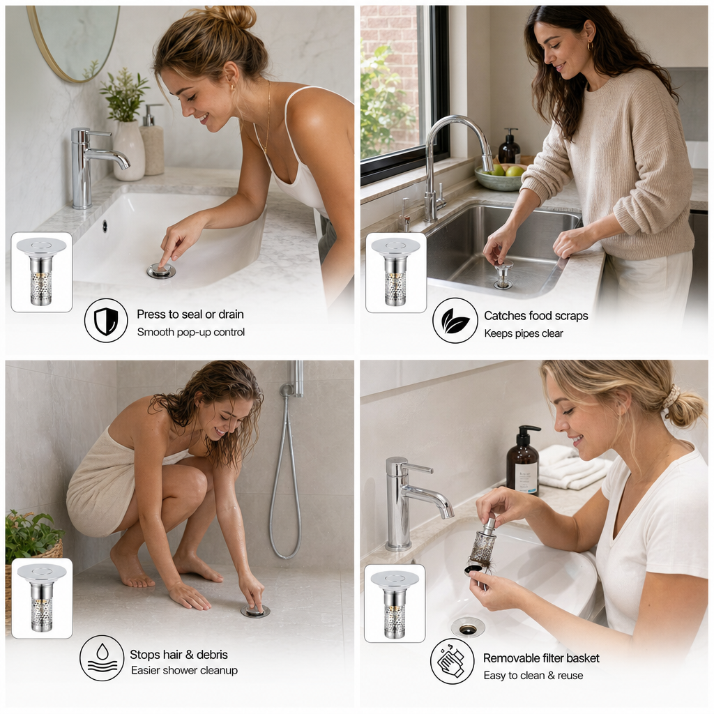 Universal Pop-Up Bathroom Sink Drain Stopper with Hair Catcher & Stainless Steel Filter Basket