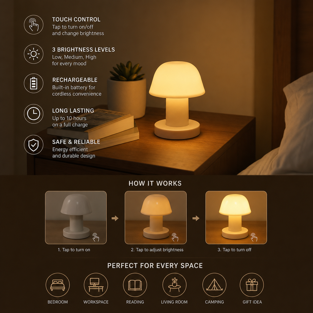 Mini Rechargeable LED Mushroom Table Lamp with Touch Control