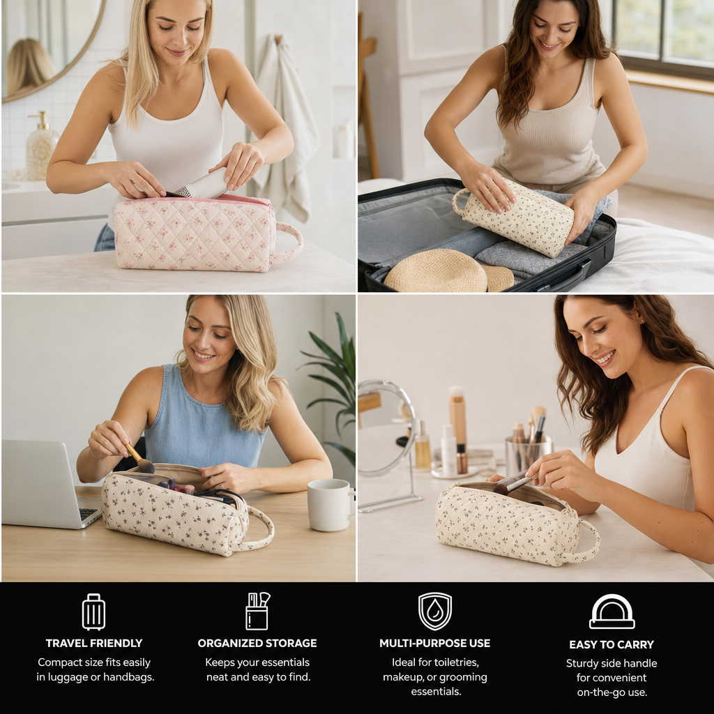 Quilted Multi-Purpose Travel Bag – Spacious Toiletry & Makeup Organizer with Carry Handle