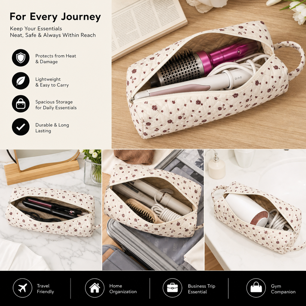 Quilted Multi-Purpose Travel Bag – Spacious Toiletry & Makeup Organizer with Carry Handle