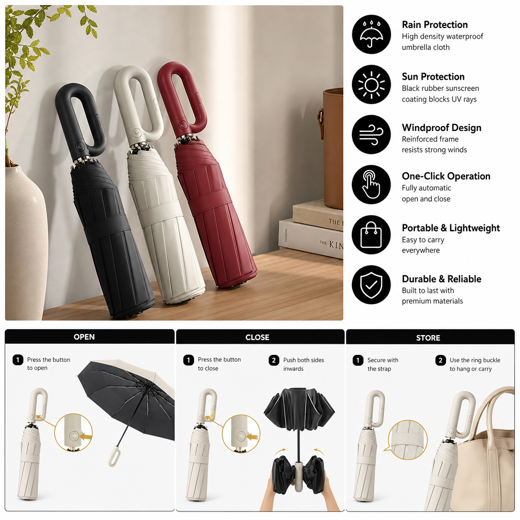 Premium Automatic Folding Umbrella for Sun & Rain – Compact & Windproof