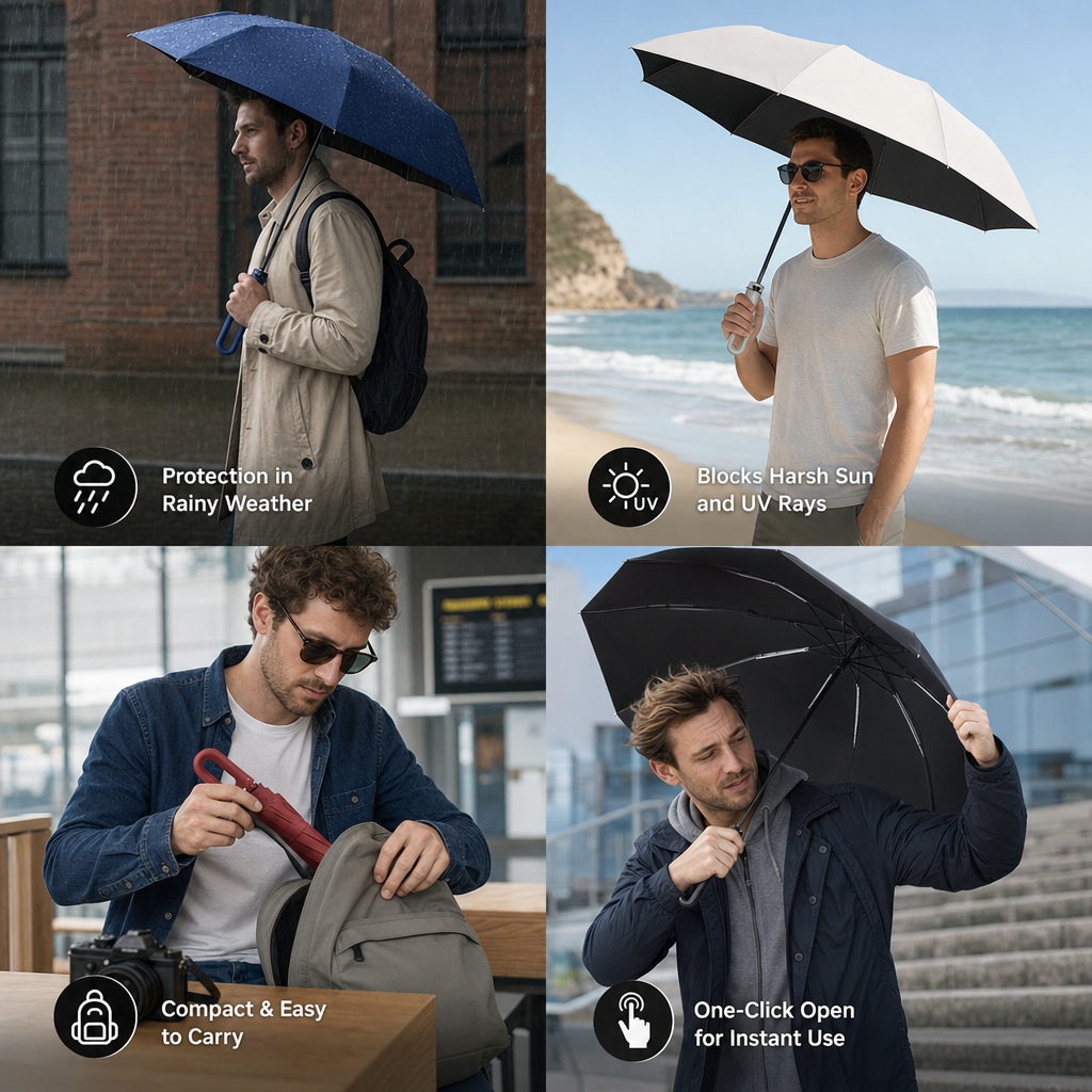 Premium Automatic Folding Umbrella for Sun & Rain – Compact & Windproof