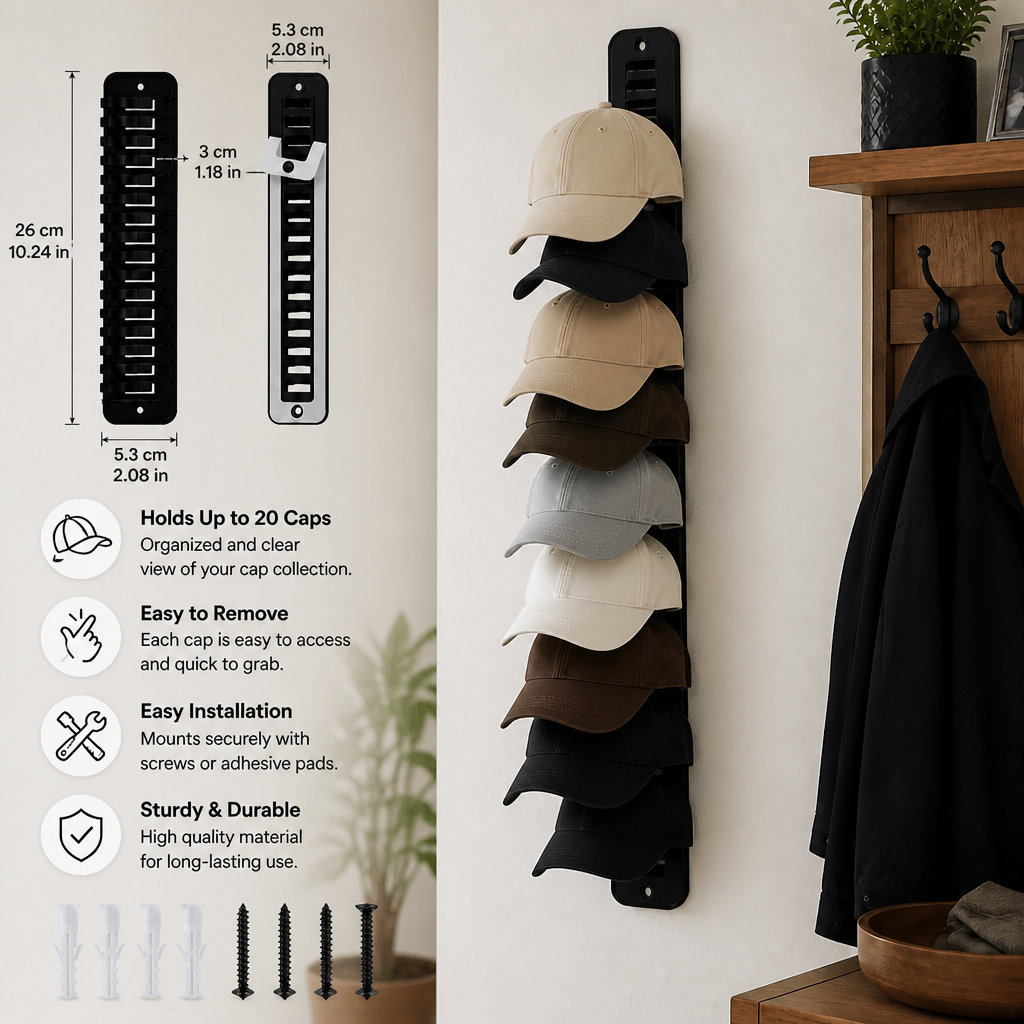 Wall-Mounted Hat Organizer – Holds Up to 20 Caps
