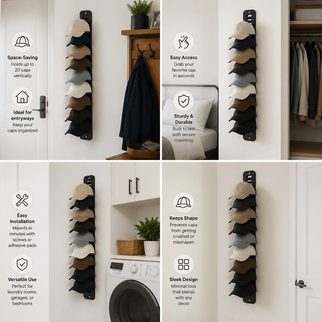 Wall-Mounted Hat Organizer – Holds Up to 20 Caps