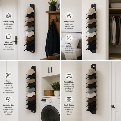 Wall-Mounted Hat Organizer – Holds Up to 20 Caps