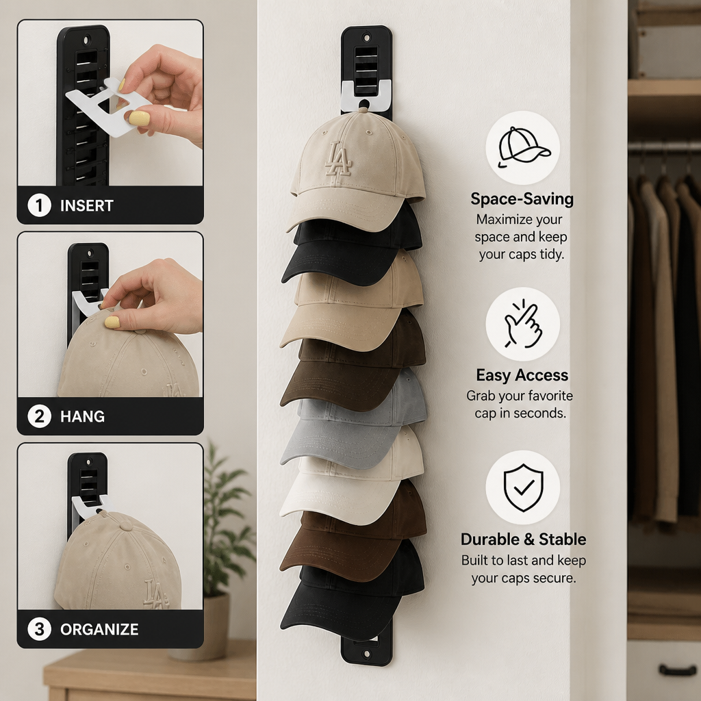 Wall-Mounted Hat Organizer – Holds Up to 20 Caps