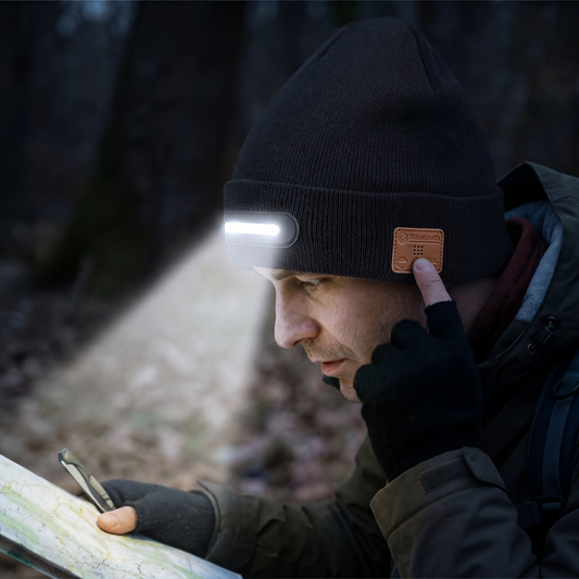 Warm Hat with Integrated Bluetooth Headphones and LED light strip