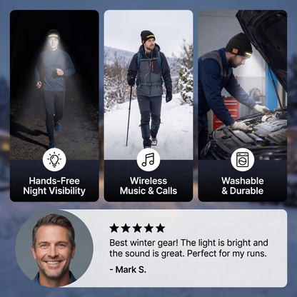 Warm Hat with Integrated Bluetooth Headphones and LED light strip