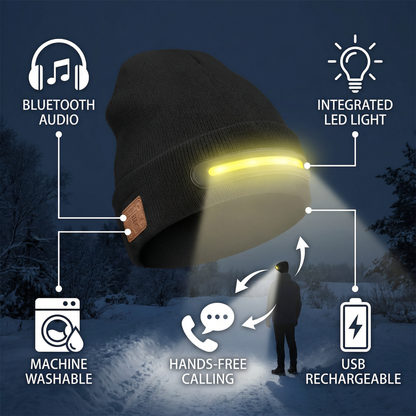 Warm Hat with Integrated Bluetooth Headphones and LED light strip
