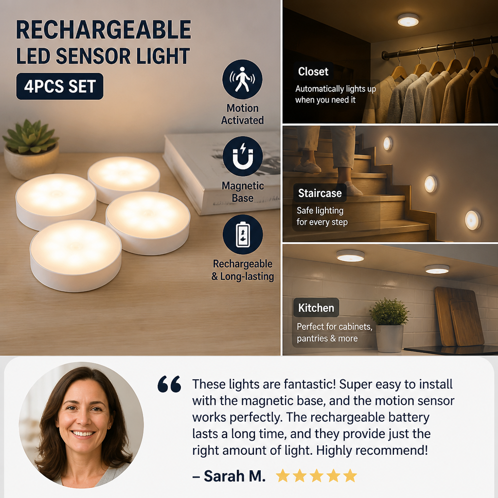 Rechargeable LED Sensor Light (4-Pack) – Magnetic and Automatic for Versatile Use