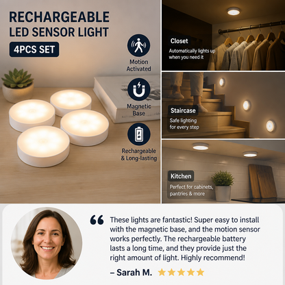 Rechargeable LED Sensor Light (4-Pack) – Magnetic and Automatic for Versatile Use