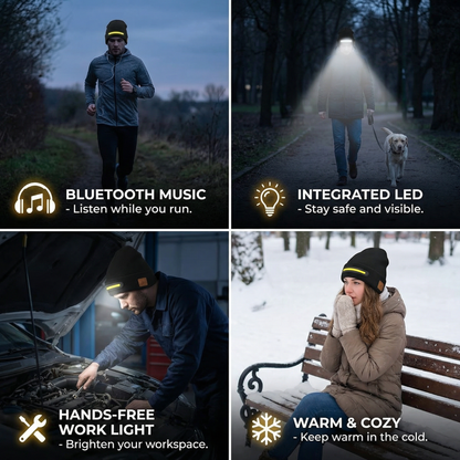 Warm Hat with Integrated Bluetooth Headphones and LED light strip