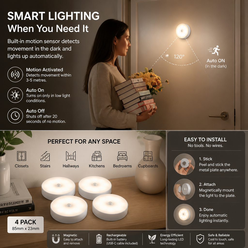 Rechargeable LED Sensor Light (4-Pack) – Magnetic and Automatic for Versatile Use