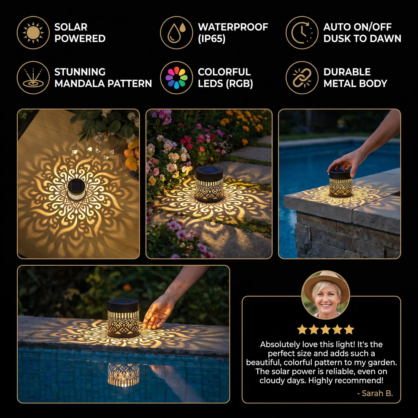 Colorful Solar Mandala Garden Light – Waterproof Outdoor LED Wall Projection Lantern