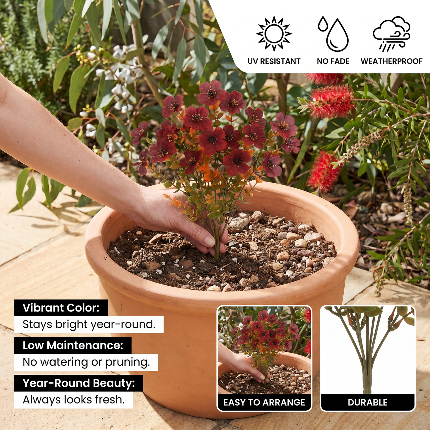 EverBloom No-Fade Artificial Wildflower Bouquet for Outdoor Planters
