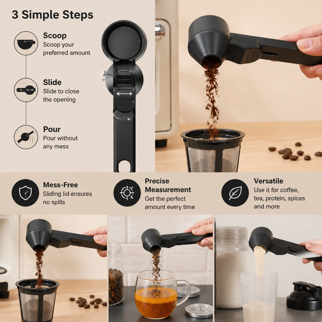 Multi Purpose Measuring Scoop with Sliding Lid for Easy Pouring