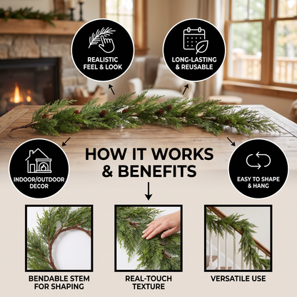 Real-Touch Artificial Cedar & Pine Garland with Pine Cones – Christmas Greenery Décor