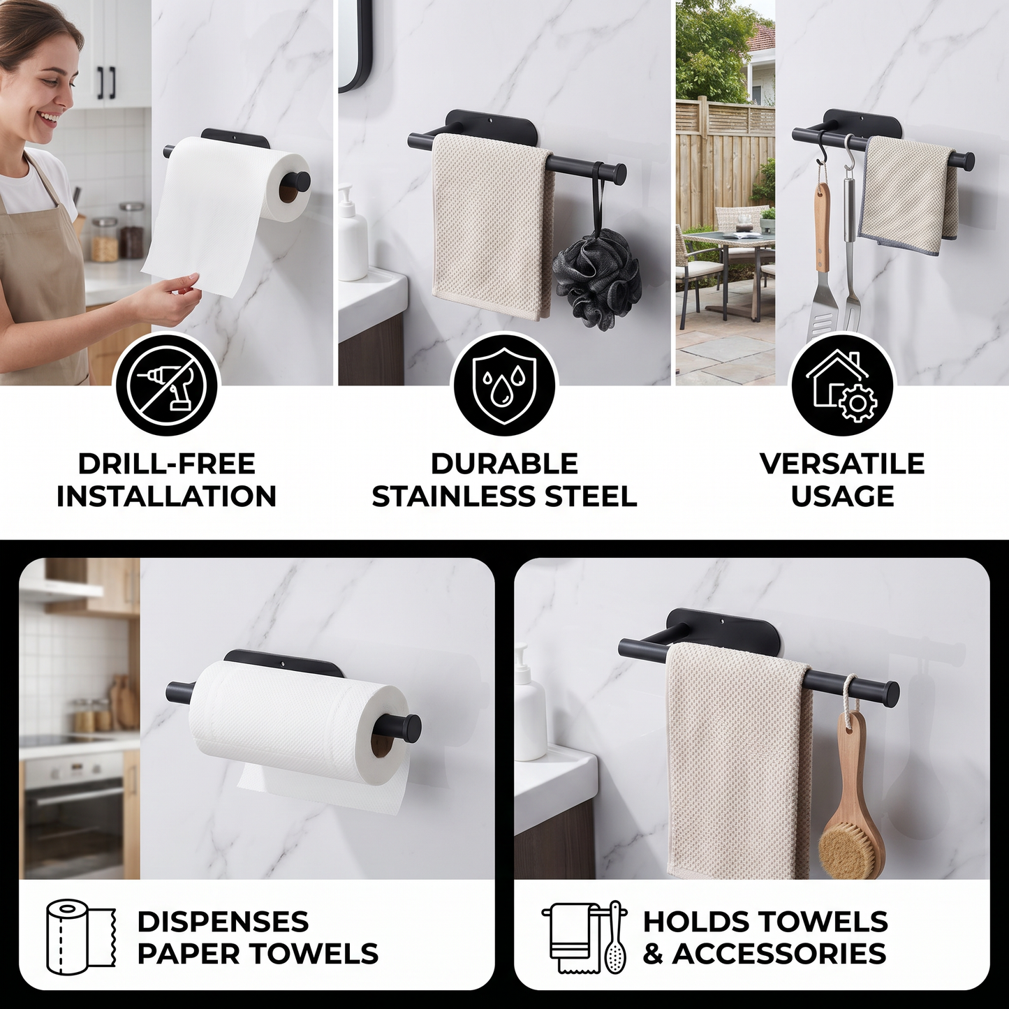 Modern Stainless Steel Roll Holder – Drill-Free Mount for Versatile Use