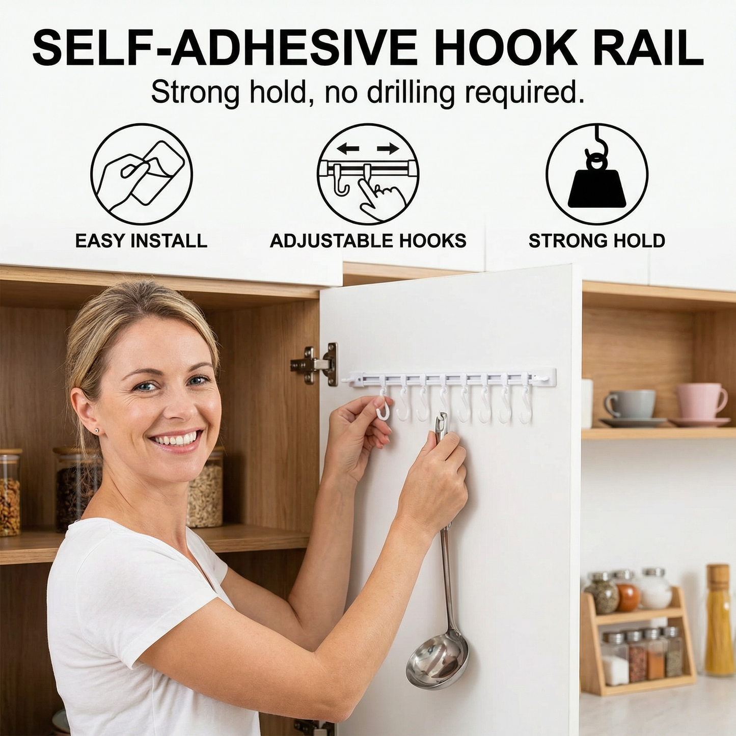 Self-Adhesive Hook Rail for Kitchen and Bathroom – Strong hold and no drilling required (2 pieces)