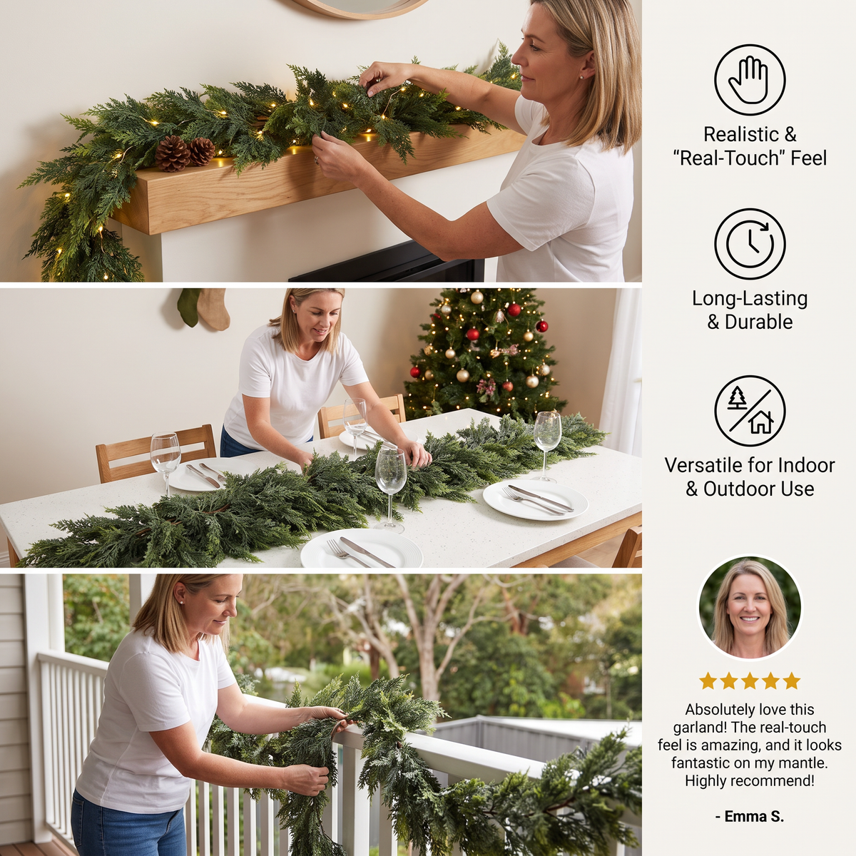 Real-Touch Artificial Cedar & Pine Garland with Pine Cones – Christmas Greenery Décor