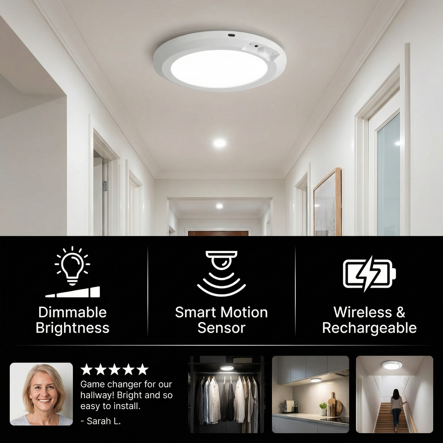 Dimmable Rechargeable Ceiling Light with Motion Sensor – Magnetic & Wireless